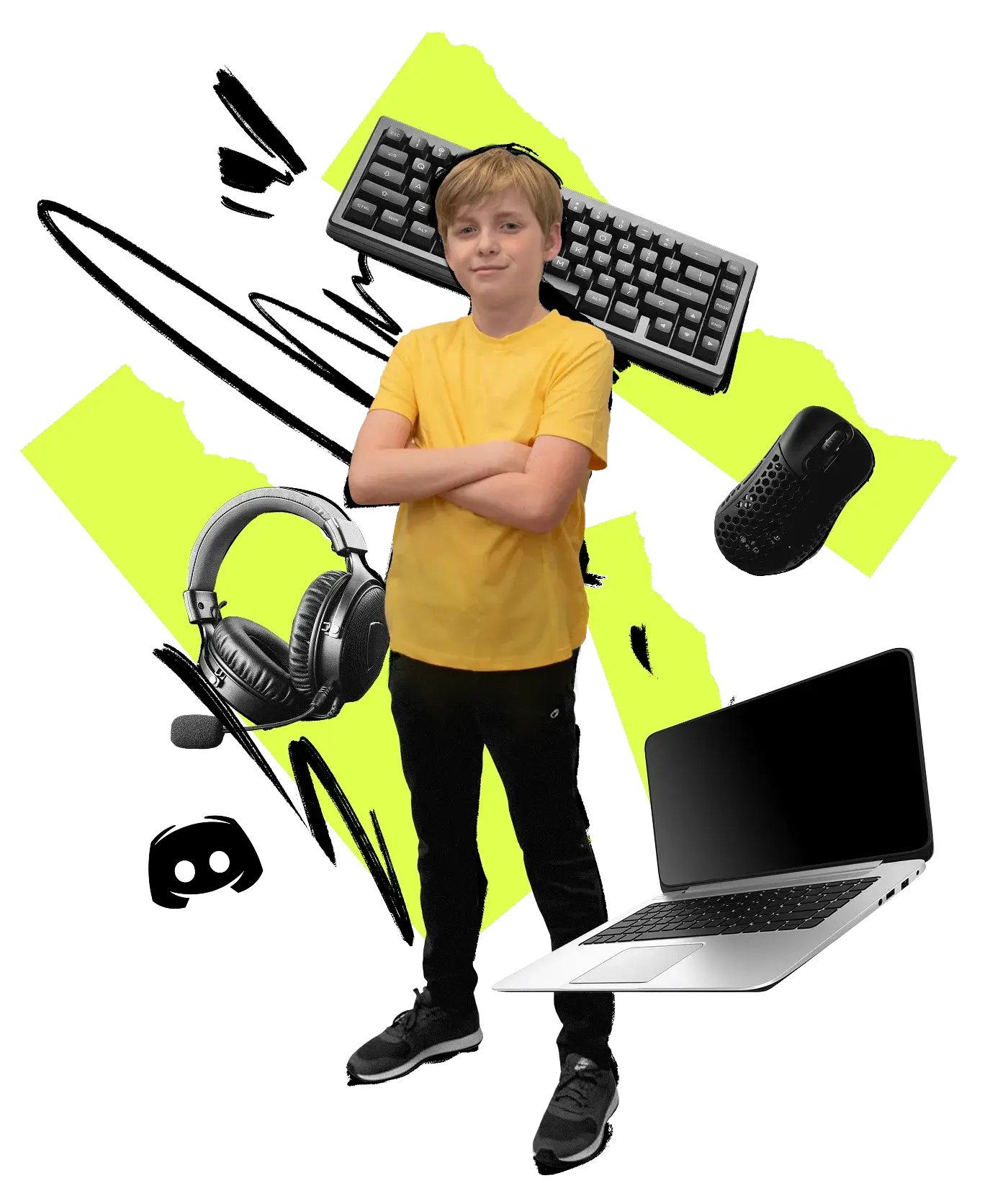 Laptop, headset, keyboard, and mouse collage